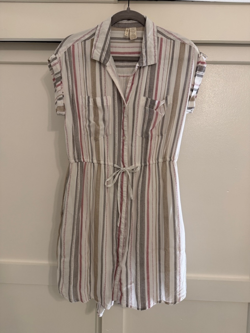 Japna Striped High-Low Shirt Dress in White, Tan & Pink